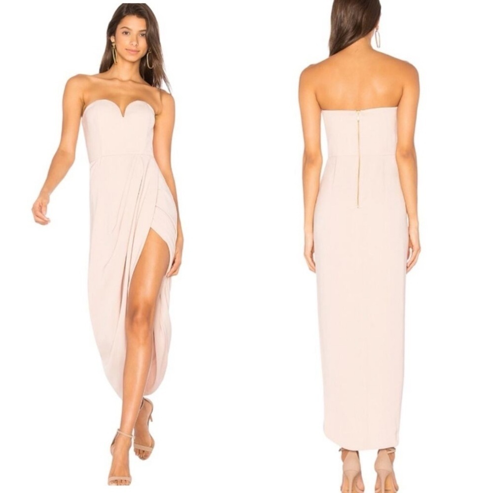 Shona Joy Strapless Blush Pink Draped High-Slit Gown